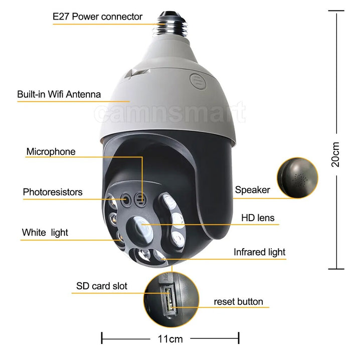 4MP / 5MP Tuya Bulb Lamp Camera Wifi IP PTZ Outdoor Video Surveillance Human Body Motion Detect Color Night Vision Home Security